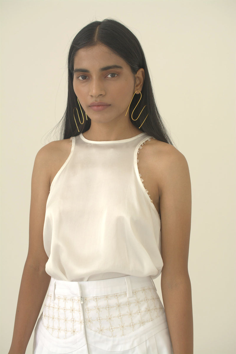 New Season Summer to Fall 2024-Top Racer Embroidered Silk Off White-CR/TS/017-Suzanne-Fashion Edit Hemji - Shop Cult Modern