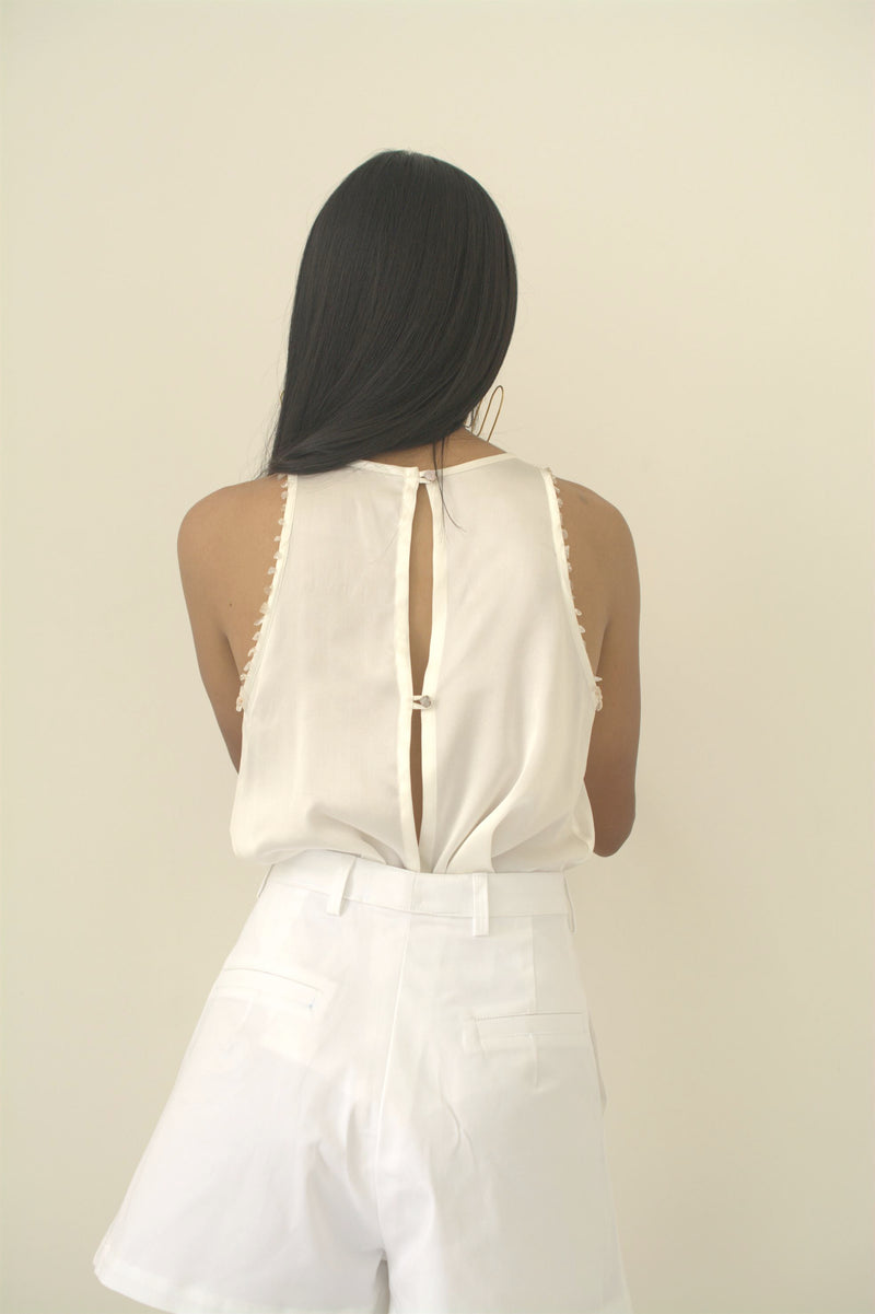 New Season Summer to Fall 2024-Top Racer Embroidered Silk Off White-CR/TS/017-Suzanne-Fashion Edit Hemji - Shop Cult Modern