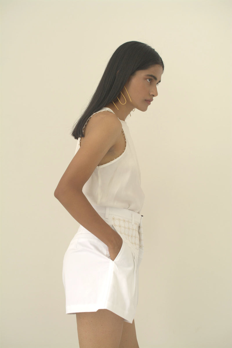 New Season Summer to Fall 2024-Top Racer Embroidered Silk Off White-CR/TS/017-Suzanne-Fashion Edit Hemji - Shop Cult Modern