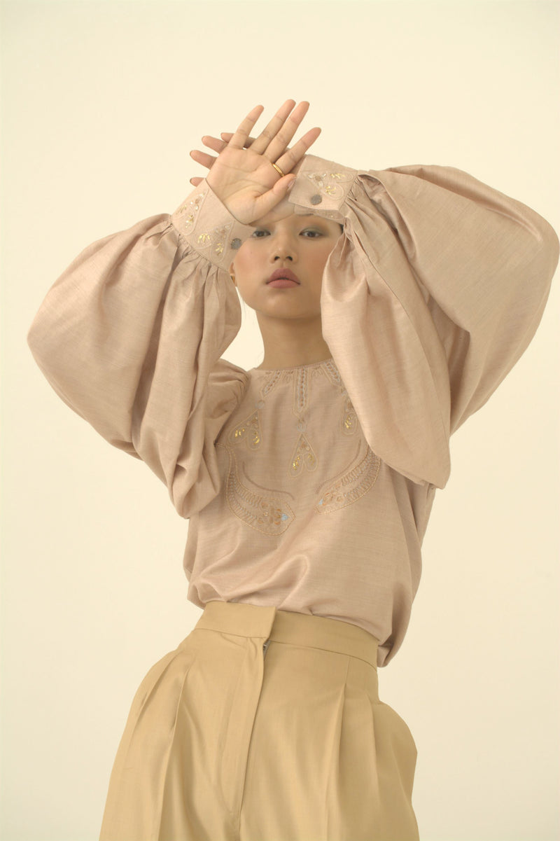 New Season Summer to Fall 2024-Top Embroidered Cuffs Silk Off White-CR/TS/051-Suzanne-Fashion Edit Hemji - Shop Cult Modern