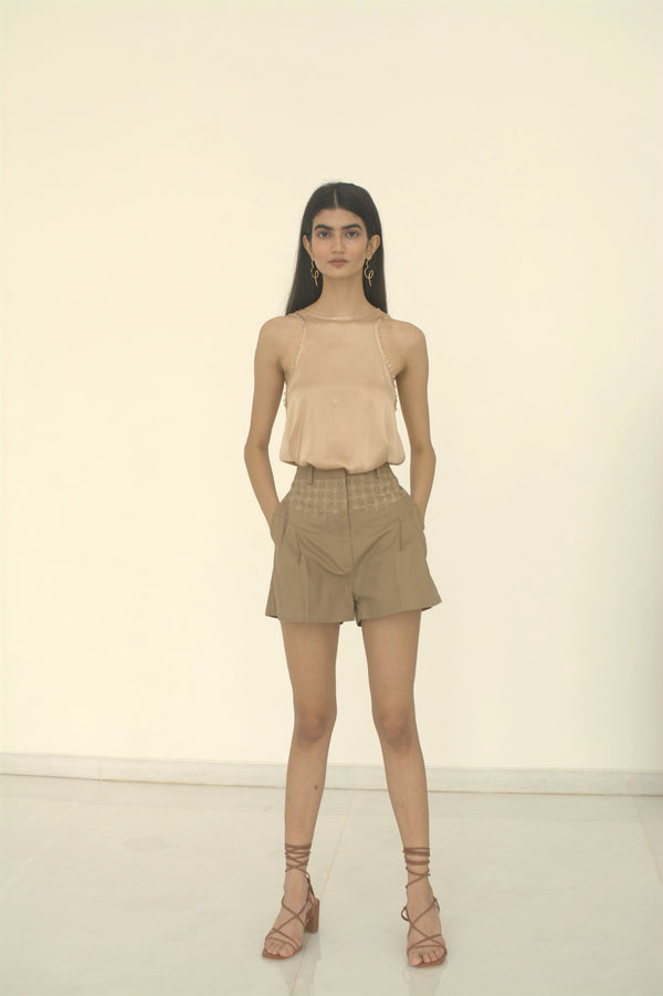 New Season Summer to Fall 2023-Shorts Embroidered Pleated Cotton Khaki-KH/C/007-Suzanne-Fashion Edit Hemji - Shop Cult Modern