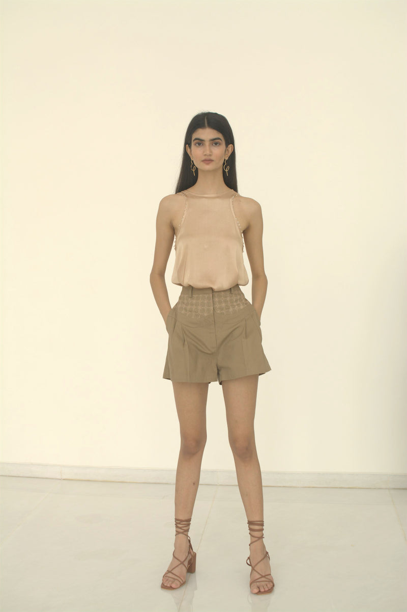 New Season Summer to Fall 2024-Shorts Embroidered Pleated Cotton Khaki-KH/C/007-Suzanne-Fashion Edit Hemji - Shop Cult Modern