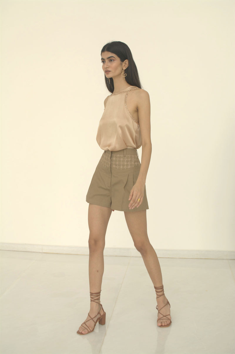 New Season Summer to Fall 2024-Shorts Embroidered Pleated Cotton Khaki-KH/C/007-Suzanne-Fashion Edit Hemji - Shop Cult Modern