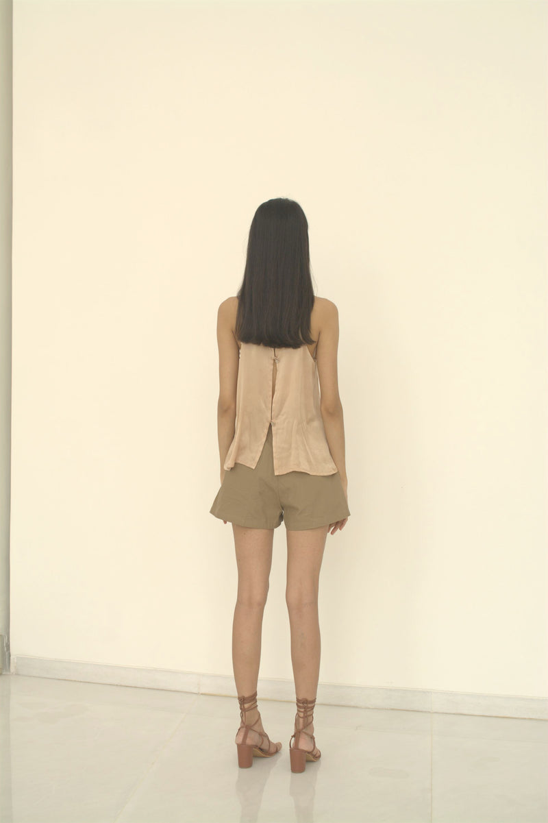 New Season Summer to Fall 2024-Shorts Embroidered Pleated Cotton Khaki-KH/C/007-Suzanne-Fashion Edit Hemji - Shop Cult Modern