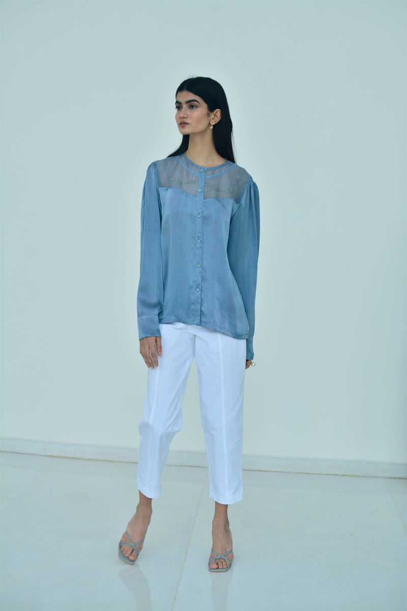 New Season Summer to Fall 2024-Blouse Embroidered Yoke Organza Silk Cerulean Blue-B/S/031-Suzanne-Fashion Edit Hemji - Shop Cult Modern