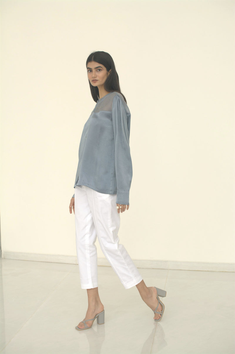 New Season Summer to Fall 2024-Blouse Embroidered Yoke Organza Silk Cerulean Blue-B/S/031-Suzanne-Fashion Edit Hemji - Shop Cult Modern