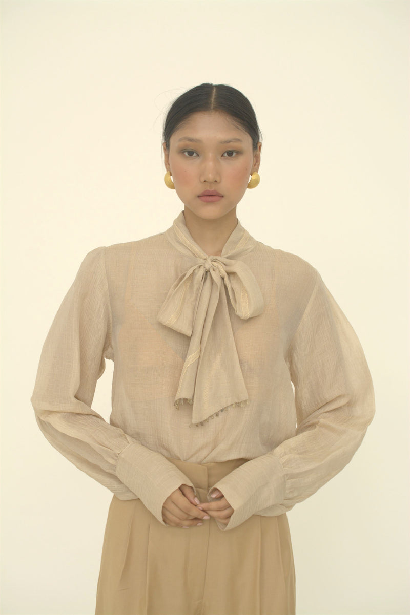 New Season Summer to Fall 2023-Blouse Embroidered Bow Tie Silk Ecru-CR/S/041-Suzanne-Fashion Edit Hemji - Shop Cult Modern