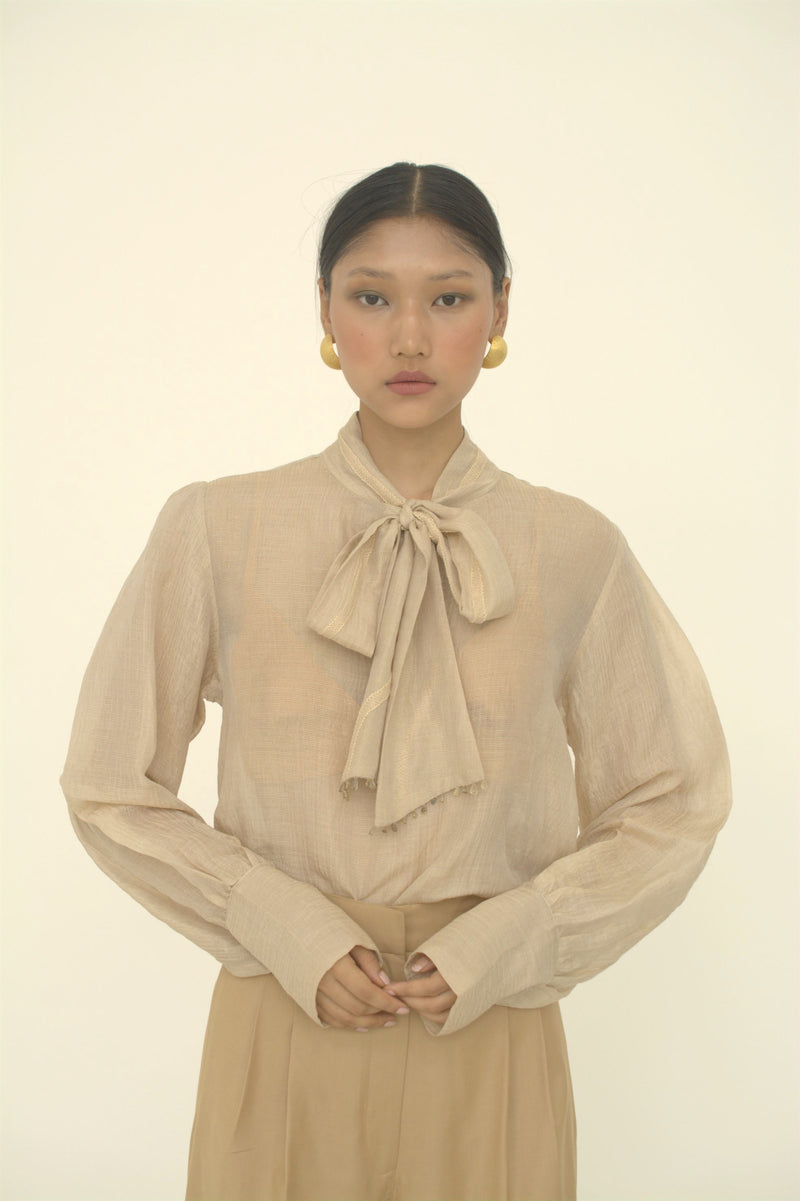 New Season Summer to Fall 2024--Blouse Embroidered Bow Tie Silk Ecru-CR/S/041-Suzanne-Fashion Edit Hemji - Shop Cult Modern