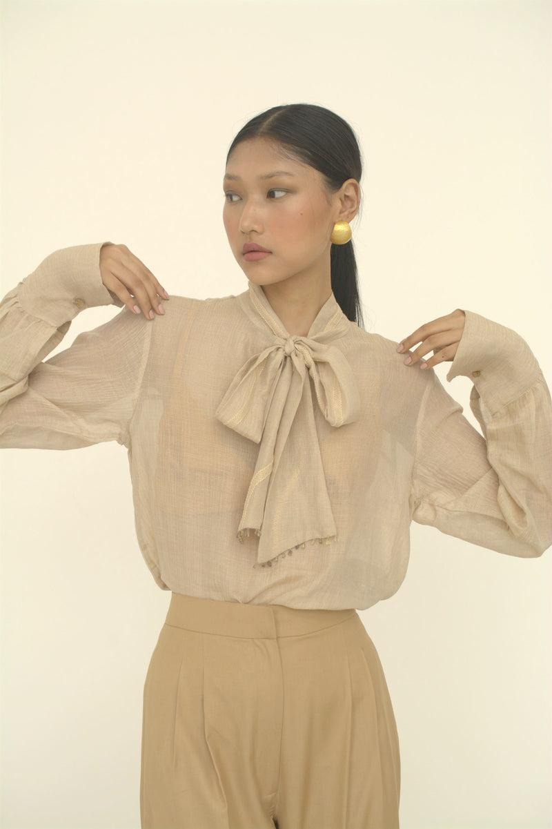 New Season Summer to Fall 2023-Blouse Embroidered Bow Tie Silk Ecru-CR/S/041-Suzanne-Fashion Edit Hemji - Shop Cult Modern