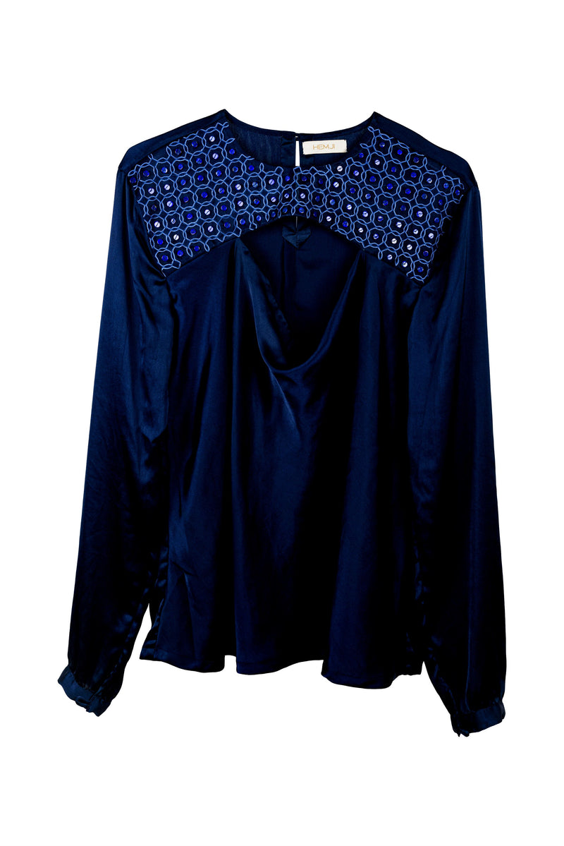 New Season Summer to Fall 2024-Blouse Draped Silk Midnight Blue-MB/S/025-Suzanne-Fashion Edit Hemji - Shop Cult Modern