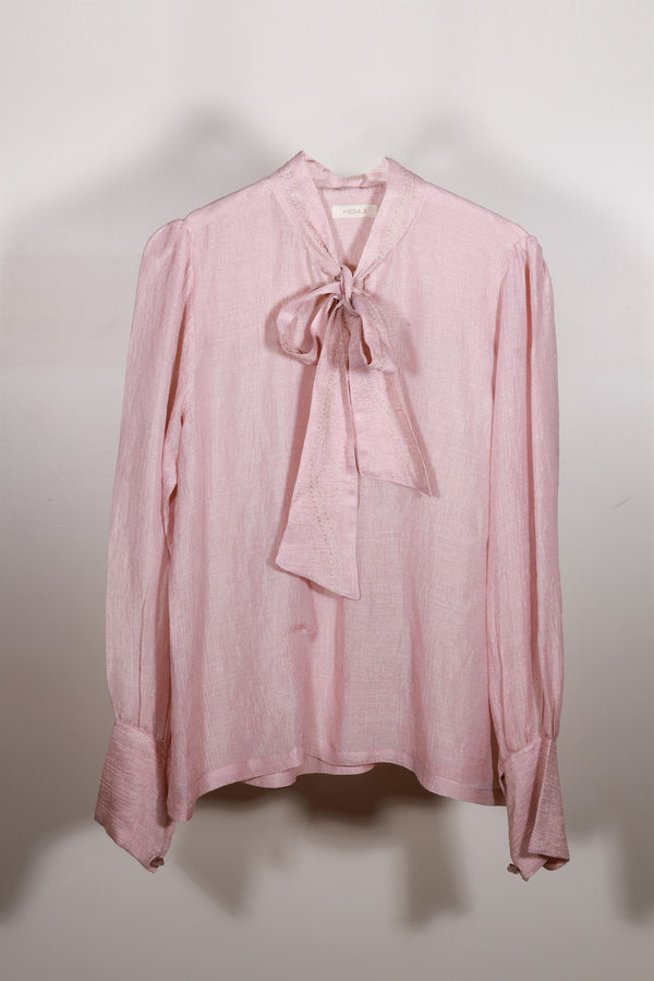 New Season Summer to Fall 2023-Blouse Embroidered Bow Tie Silk Baby Pink-CR/S/042-Suzanne-Fashion Edit Hemji - Shop Cult Modern