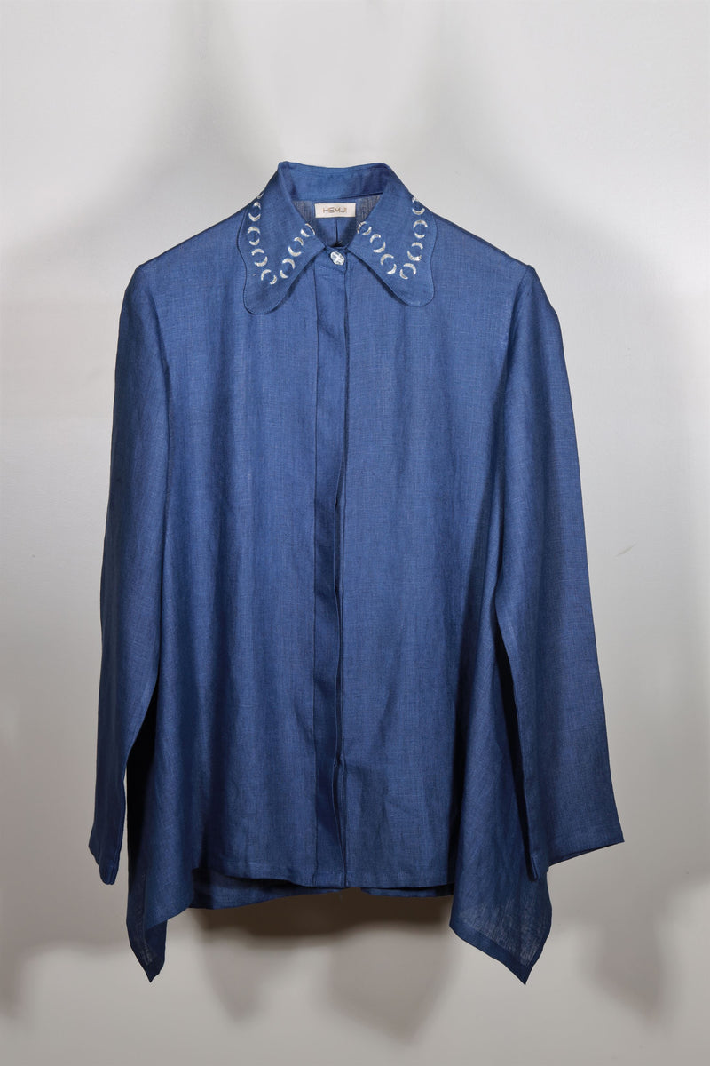 New Season Summer to Fall 2024-Shirt Embellished Linen Midnight Blue-MB/L/029-Suzanne-Fashion Edit Hemji - Shop Cult Modern