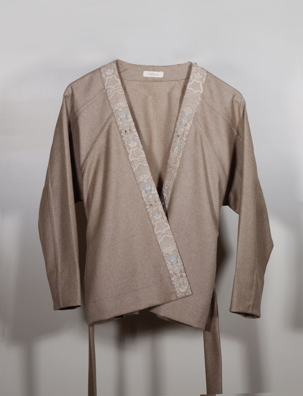 New Season Summer to Fall 2023-Kimono Overlay Wrap Embroidered Wool Brown-TB/W/065-Suzanne-Fashion Edit Hemji - Shop Cult Modern