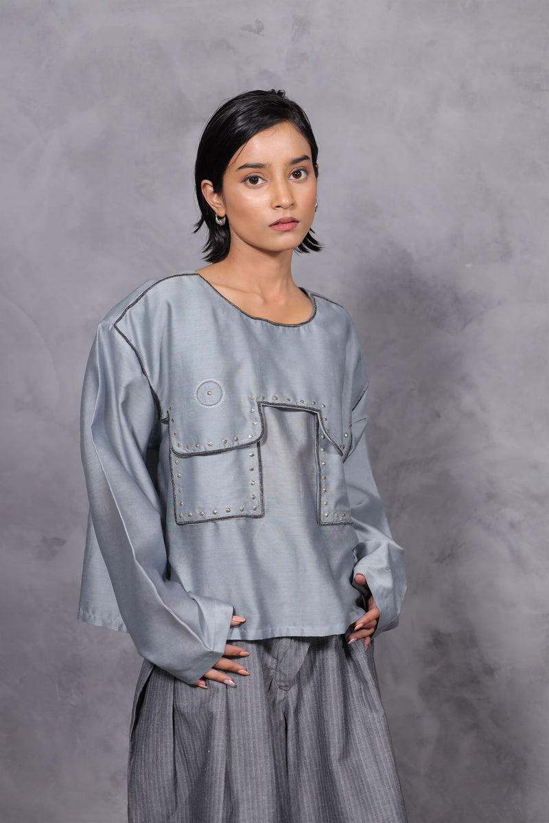 New Season Summer to Fall 2023--Top Embroidered yoke Silk Pigeon Blue-CH2/26-Senso-Fashion Edit Hemji - Shop Cult Modern