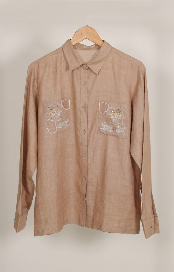 New Season Summer to Fall 2023-Shirt Embroidered Linen Beige-BR/L/023-Suzanne-Fashion Edit Hemji - Shop Cult Modern