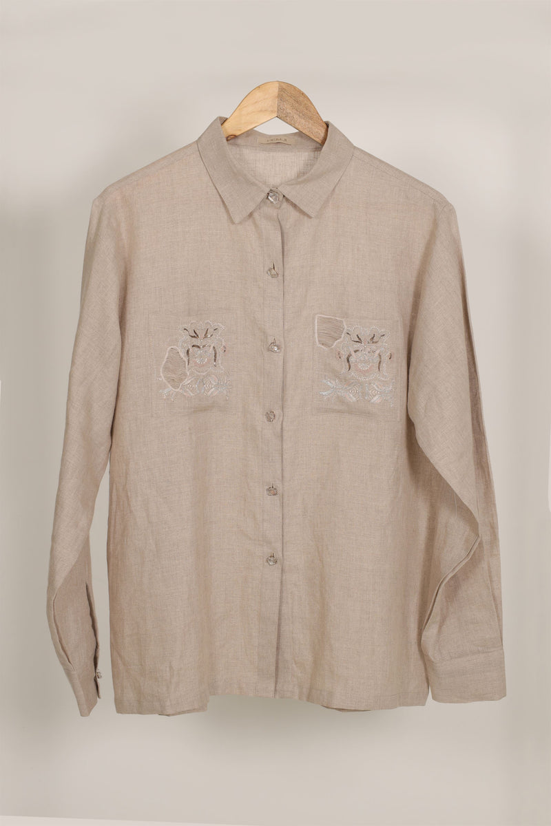 New Season Summer to Fall 2024-Shirt Embroidered Linen Beige-EC/L/022-Suzanne-Fashion Edit Hemji - Shop Cult Modern