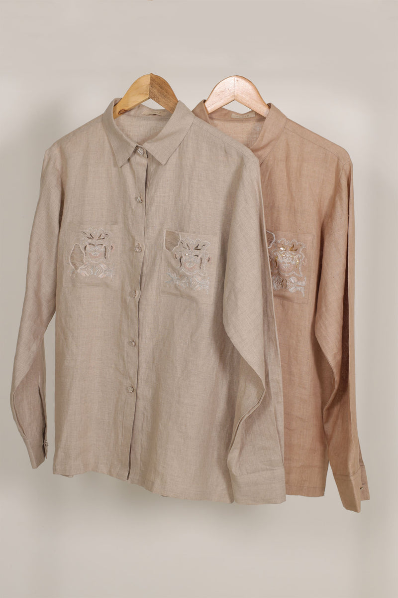 New Season Summer to Fall 2024-Shirt Embroidered Linen Beige-BR/L/023-Suzanne-Fashion Edit Hemji - Shop Cult Modern