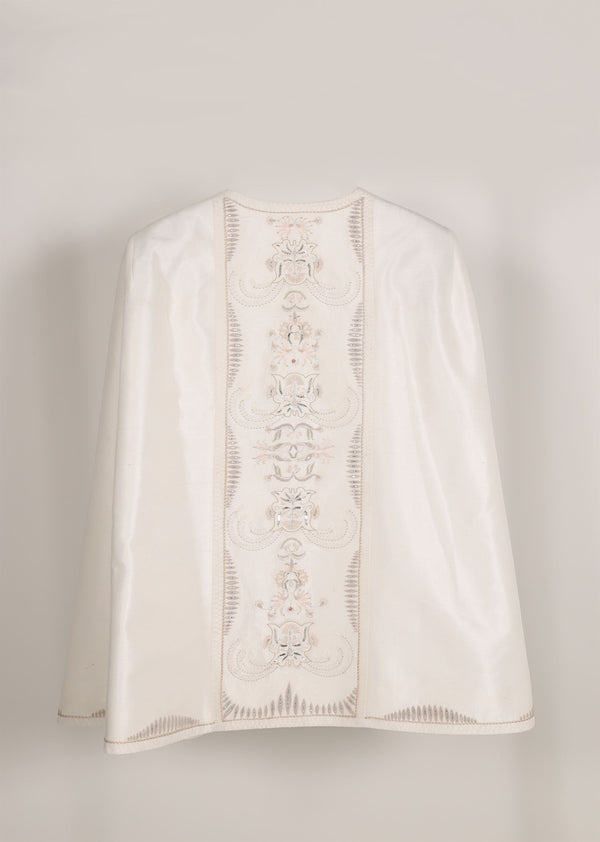 New Season Summer to Fall 2023-Overlay Cape Embroidered Silk Pearl White-WH/S/048-Suzanne-Fashion Edit Hemji - Shop Cult Modern