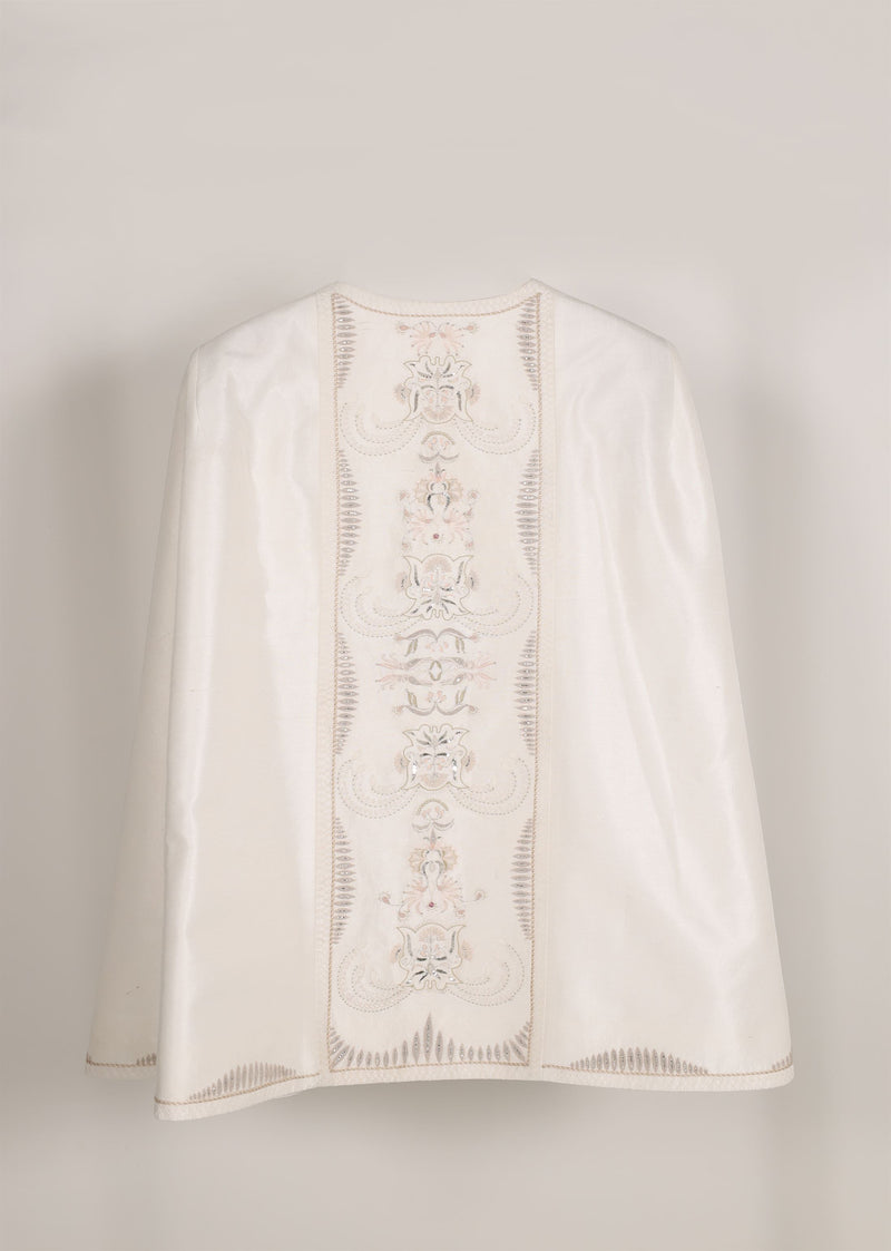 New Season Summer to Fall 2024-Overlay Cape Embroidered Silk Pearl White-WH/S/048-Suzanne-Fashion Edit Hemji - Shop Cult Modern