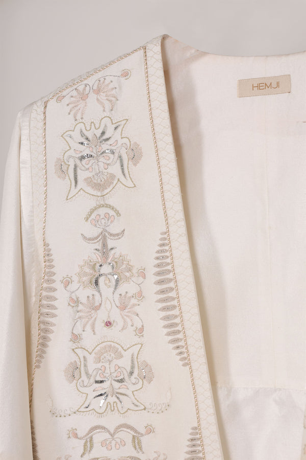 New Season Summer to Fall 2023-Overlay Cape Embroidered Silk Pearl White-WH/S/048-Suzanne-Fashion Edit Hemji - Shop Cult Modern