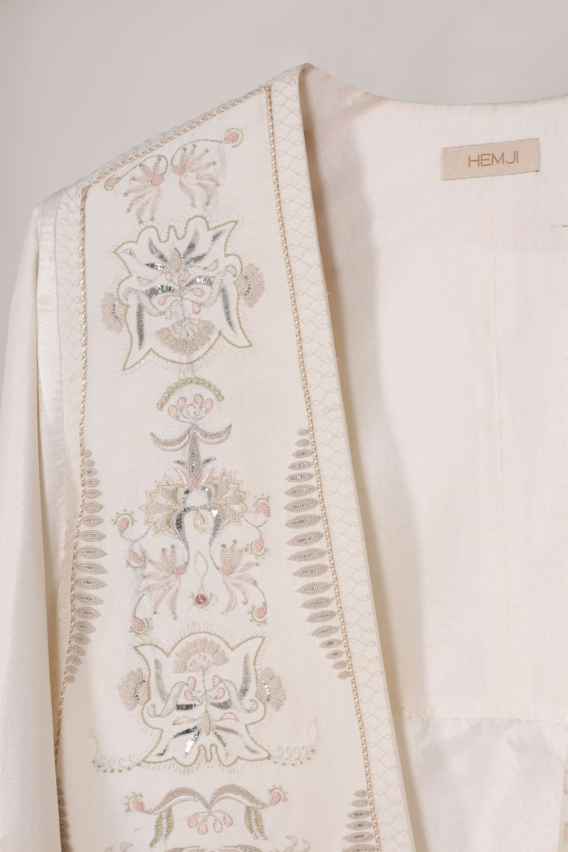 New Season Summer to Fall 2024-Overlay Cape Embroidered Silk Pearl White-WH/S/048-Suzanne-Fashion Edit Hemji - Shop Cult Modern