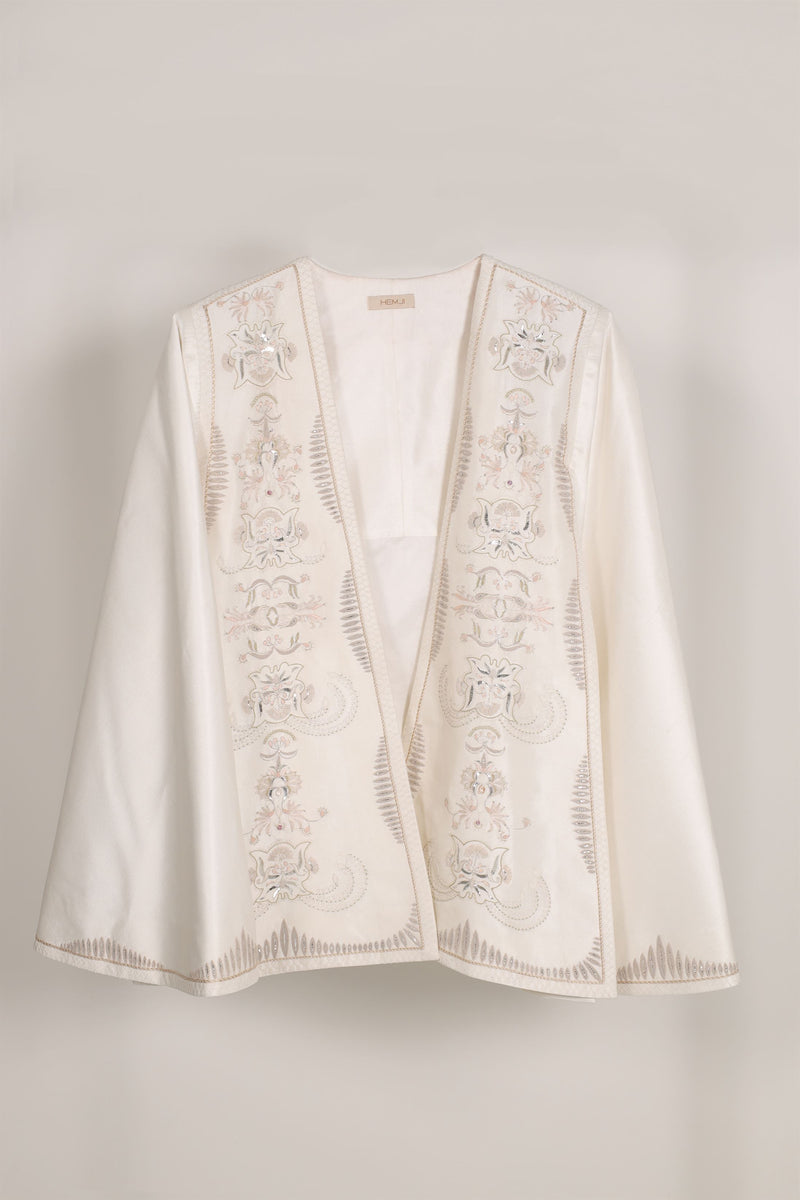 New Season Summer to Fall 2024-Overlay Cape Embroidered Silk Pearl White-WH/S/048-Suzanne-Fashion Edit Hemji - Shop Cult Modern