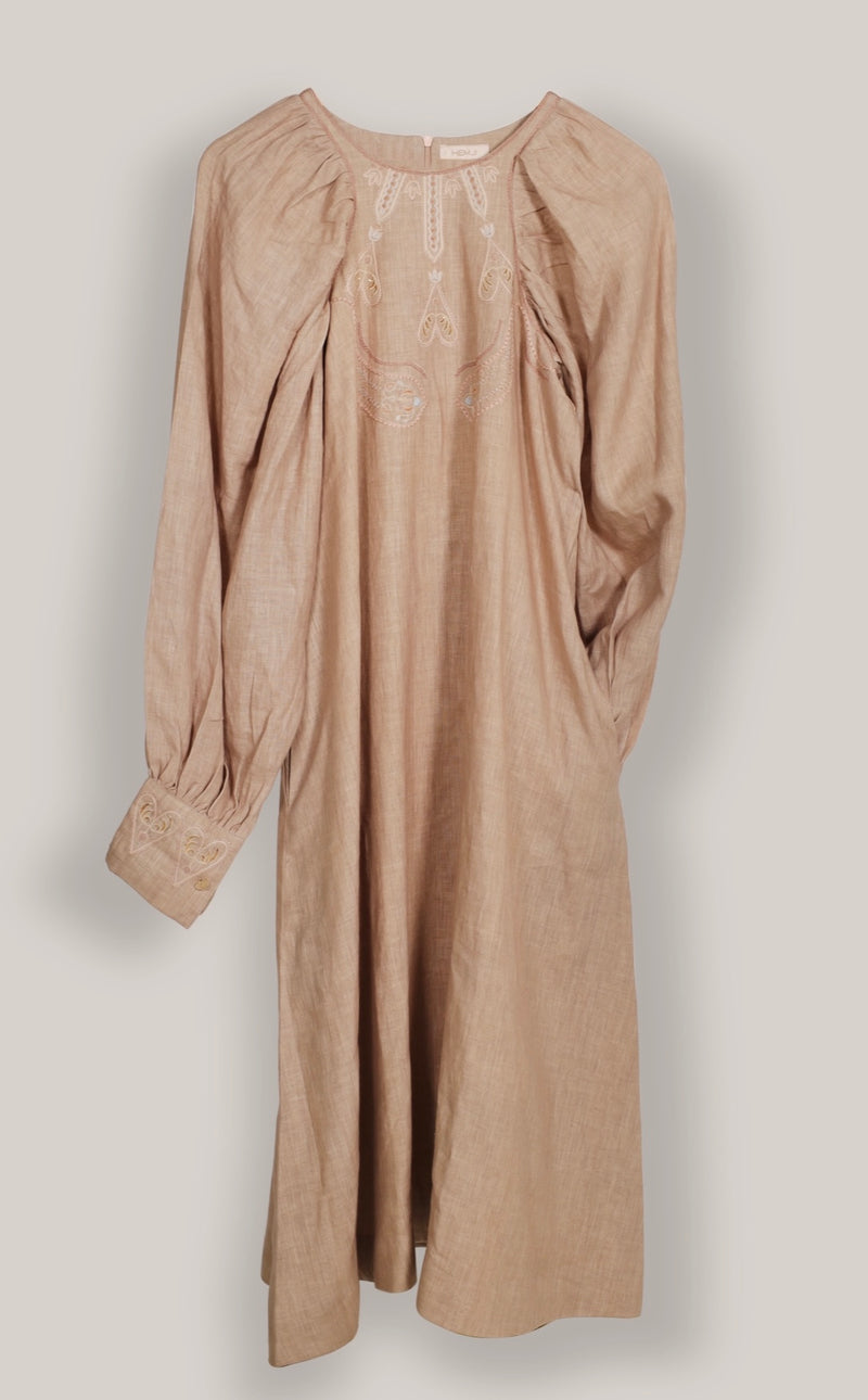 New Season Summer to Fall 2024-Dress Racer Embroidered Linen Beige-BG/L/052-Suzanne-Fashion Edit Hemji - Shop Cult Modern