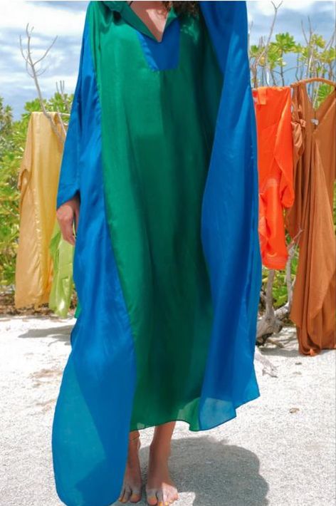 Summer Dress Kaftan-Silk-Viso Hooded-39-Fashion Edit Ajna Vana-Emerald Green-Ituvana - Shop Cult Modern