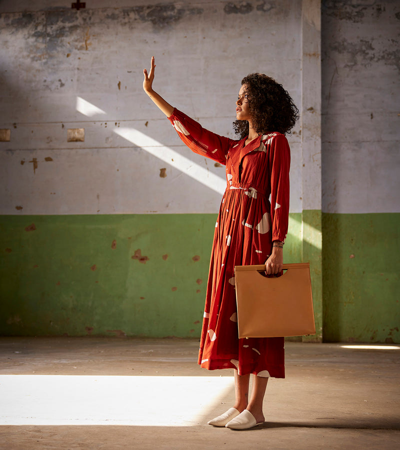 ShopCultModern-KharaKapas-Dress Cotton Lapel Collar-Red-Fashion Edit Indian Summer-KW821 ShopCultModern-KharaKapas-Dress Cotton Lapel Collar-Red-Fashion Edit Indian Summer-KW821