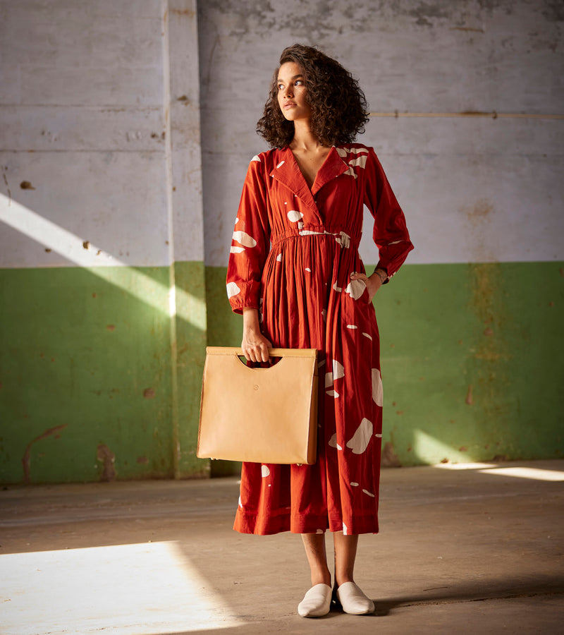 ShopCultModern-KharaKapas-Dress Cotton Lapel Collar-Red-Fashion Edit Indian Summer-KW821 ShopCultModern-KharaKapas-Dress Cotton Lapel Collar-Red-Fashion Edit Indian Summer-KW821
