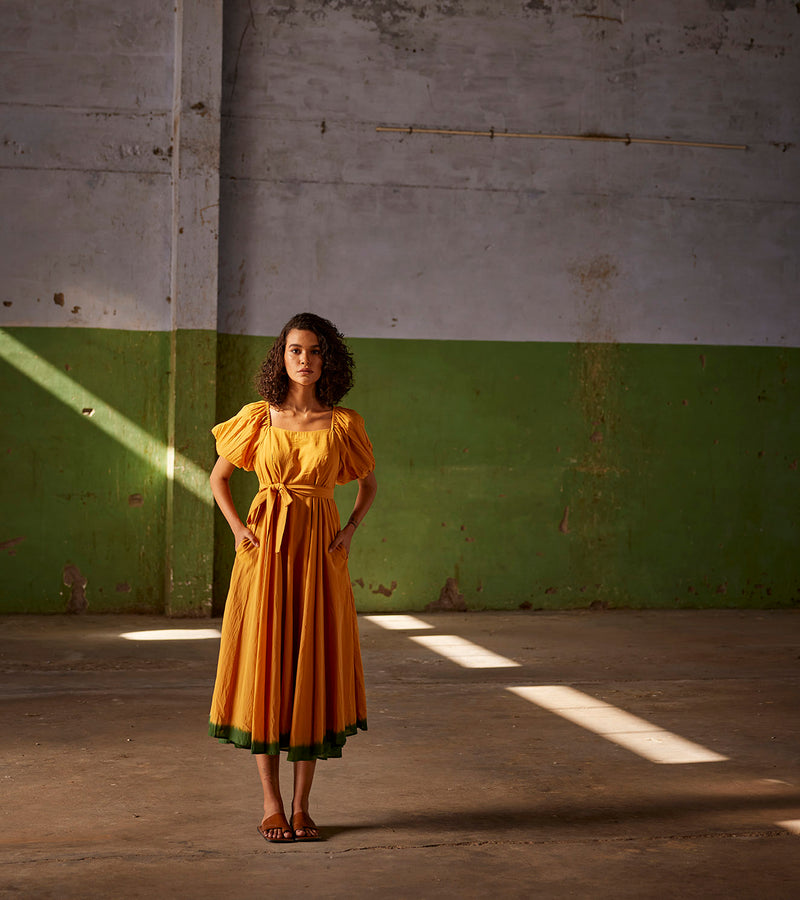 Summer Dress Cotton Puff Sleeves-Orange-Fashion Edit Indian Summer-KW823-Khara Kapas - Shop Cult Modern