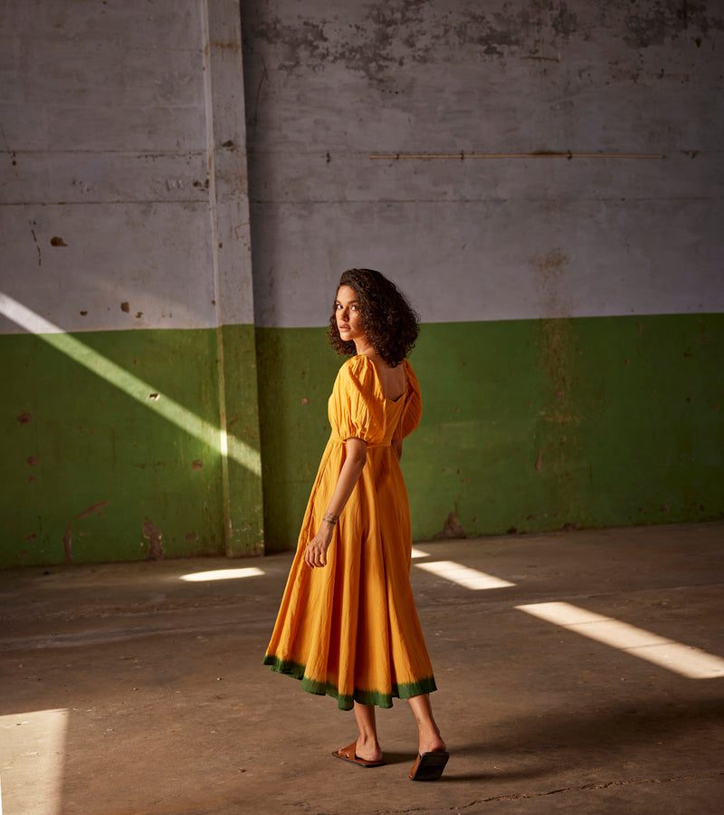 Summer Dress Cotton Puff Sleeves-Orange-Fashion Edit Indian Summer-KW823-Khara Kapas - Shop Cult Modern