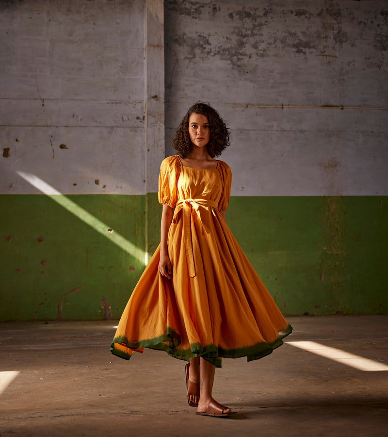 Summer Dress Cotton Puff Sleeves-Orange-Fashion Edit Indian Summer-KW823-Khara Kapas - Shop Cult Modern