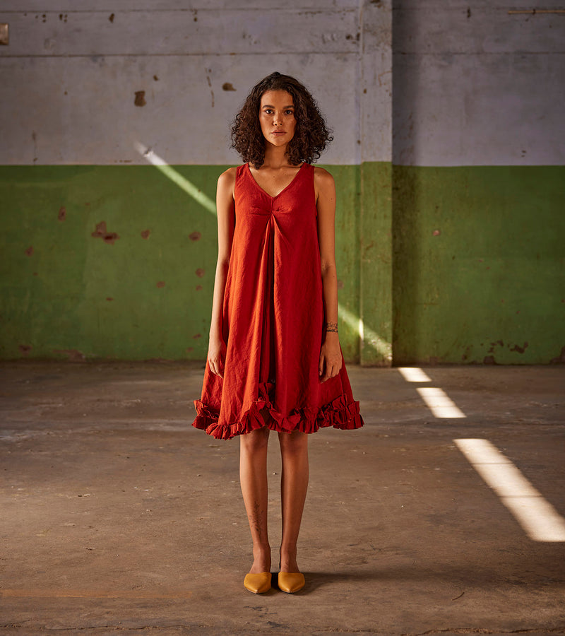 Summer Dress Linen Ruffle Hem-Red-Fashion Edit Indian Summer-KW825-Khara Kapas - Shop Cult Modern