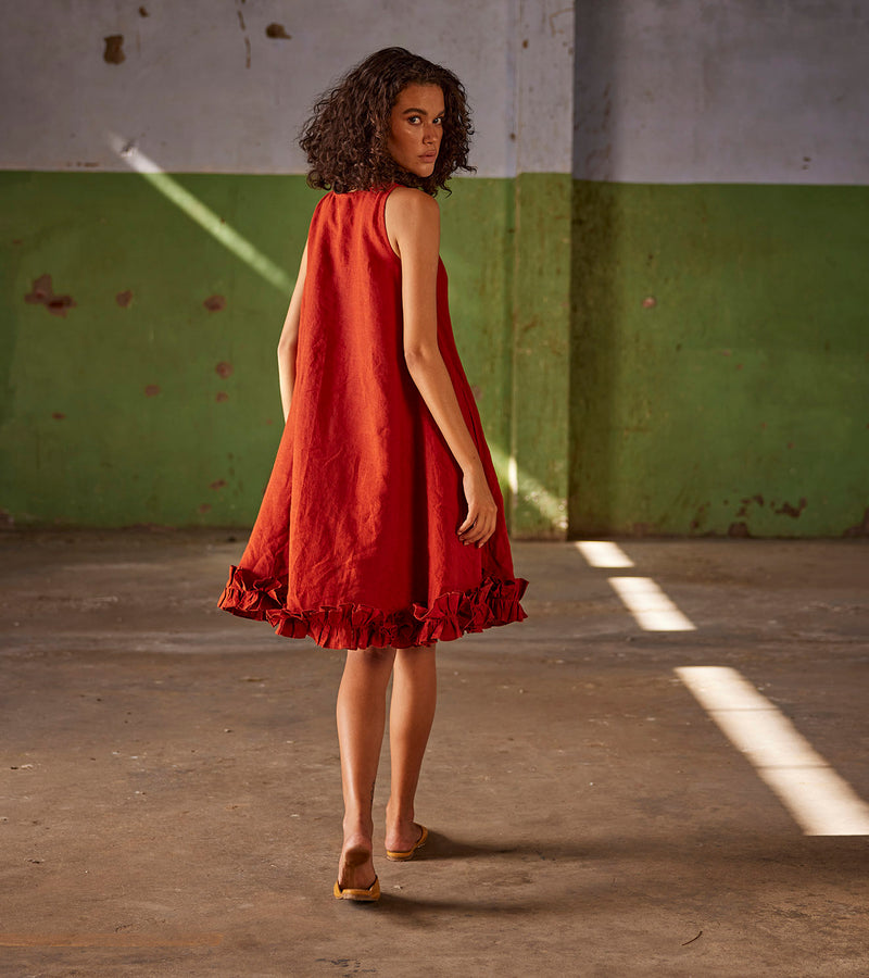 Summer Dress Linen Ruffle Hem-Red-Fashion Edit Indian Summer-KW825-Khara Kapas - Shop Cult Modern