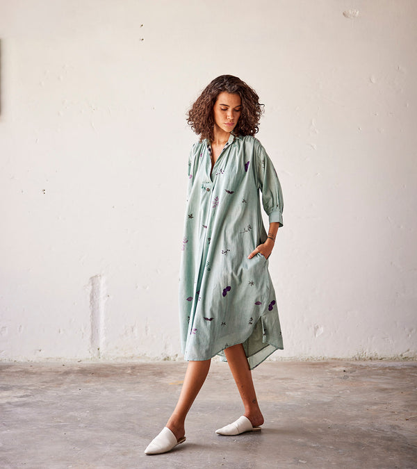 Summer Dress Cotton Gathers-Cadet Blue-Fashion Edit Indian Summer-KW809-Khara Kapas - Shop Cult Modern