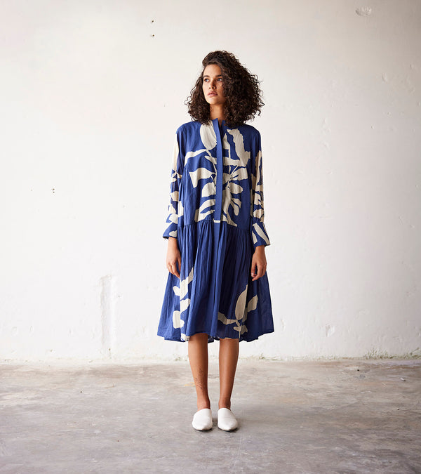 Summer Dress Cotton Dropwaist-Navy Blue-Fashion Edit Indian Summer-KW785-Khara Kapas - Shop Cult Modern