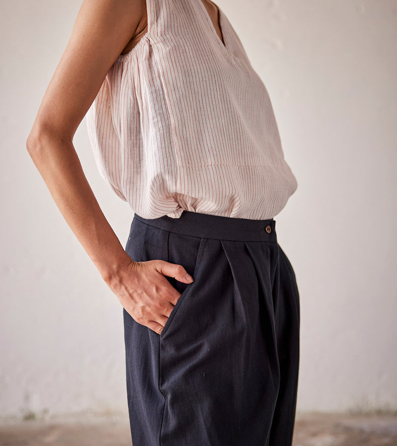 Summer Pant Cotton Twill Pleat-Black-Fashion Edit Indian Summer-KW815-Khara Kapas - Shop Cult Modern