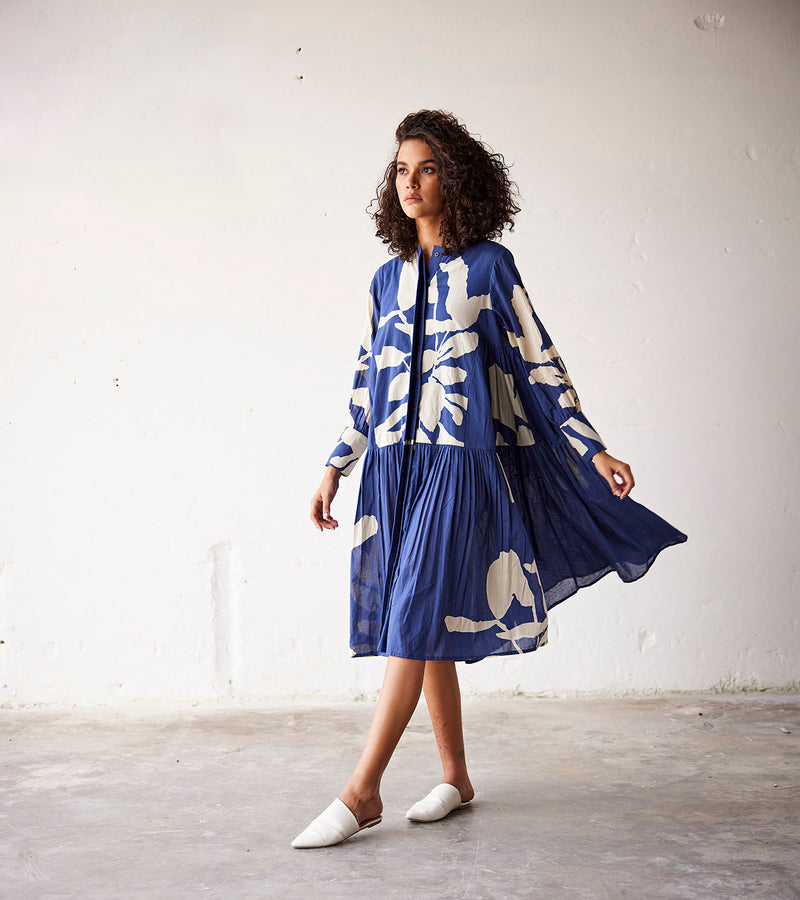 Summer Dress Cotton Dropwaist-Navy Blue-Fashion Edit Indian Summer-KW785-Khara Kapas - Shop Cult Modern