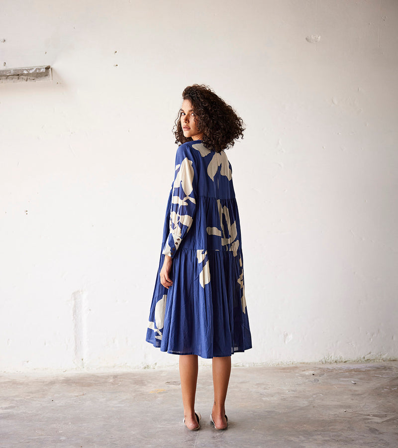 Summer Dress Cotton Dropwaist-Navy Blue-Fashion Edit Indian Summer-KW785-Khara Kapas - Shop Cult Modern