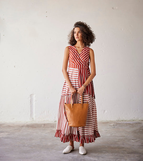 Summer Dress Cotton Boxpleats-Red Off White-Fashion Edit Indian Summer-KW831-Khara Kapas - Shop Cult Modern