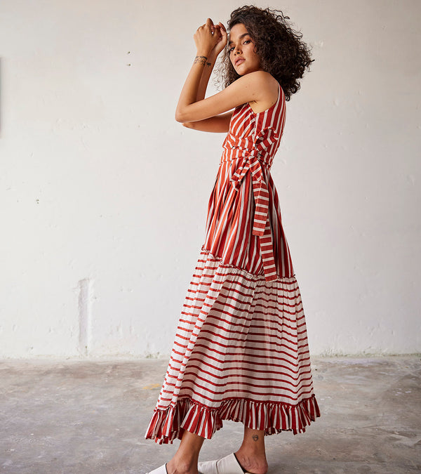 Summer Dress Cotton Boxpleats-Red Off White-Fashion Edit Indian Summer-KW831-Khara Kapas - Shop Cult Modern