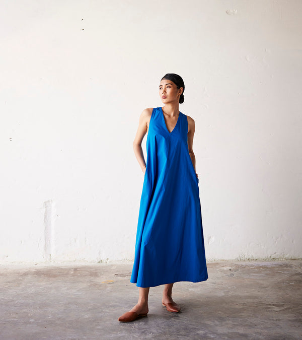 Summer Dress Poplin V neck-Cobalt Blue-Fashion Edit Indian Summer-KW836-Khara Kapas - Shop Cult Modern