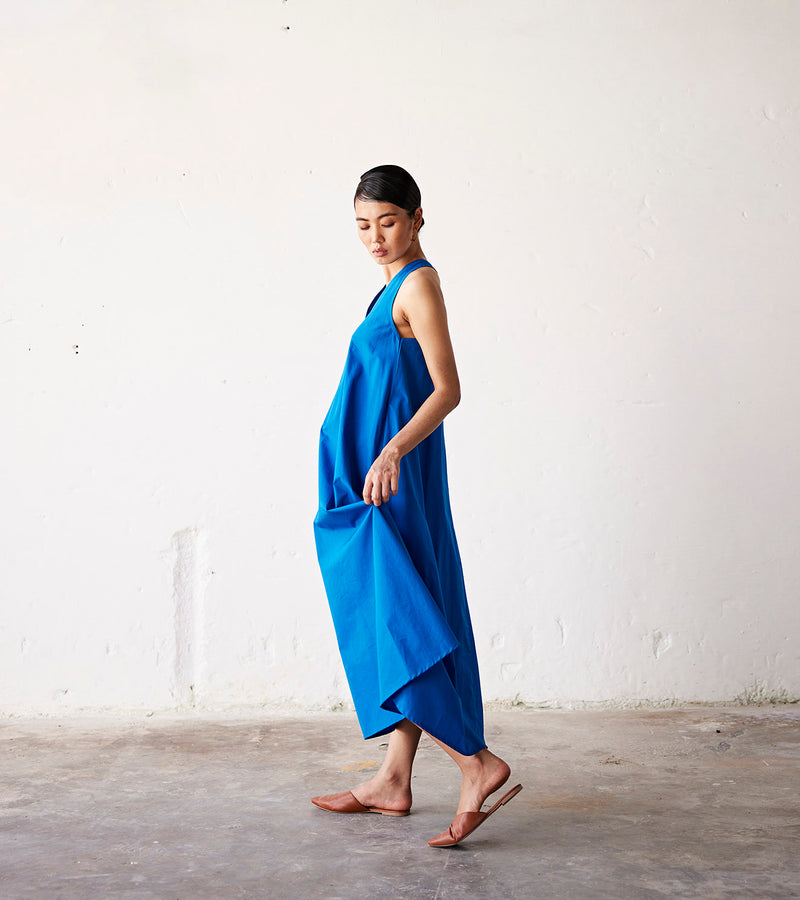 Summer Dress Poplin V neck-Cobalt Blue-Fashion Edit Indian Summer-KW836-Khara Kapas - Shop Cult Modern