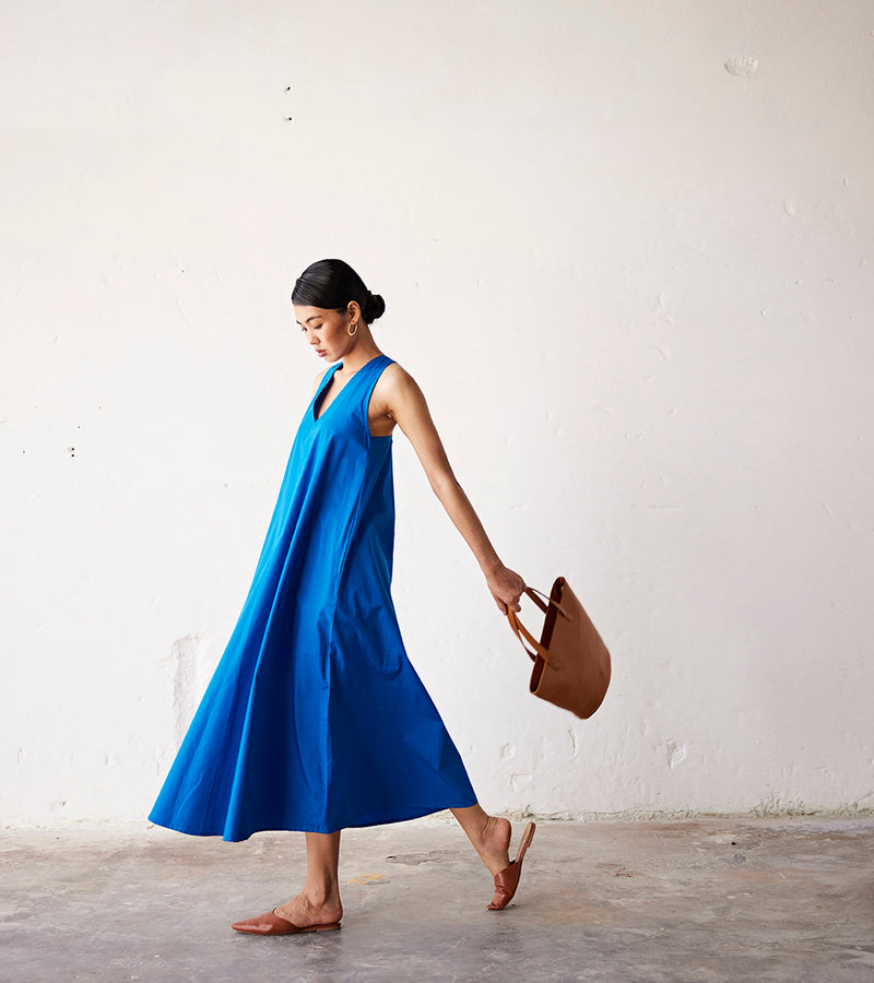 Summer Dress Poplin V neck-Cobalt Blue-Fashion Edit Indian Summer-KW836-Khara Kapas - Shop Cult Modern