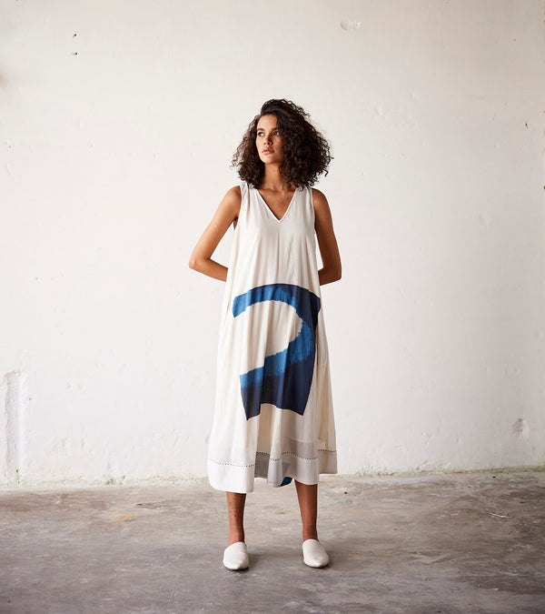 Summer Dress Cotton Pleat-Off White Blue-Fashion Edit Indian Summer-KW837-Khara Kapas - Shop Cult Modern