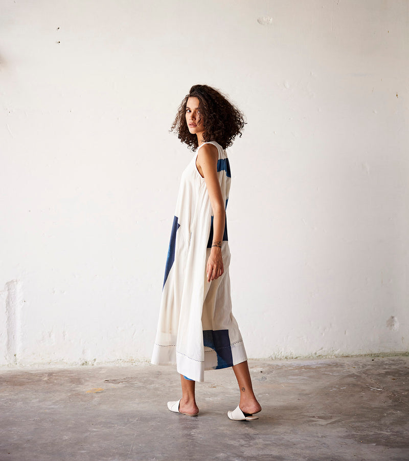 Summer Dress Cotton Pleat-Off White Blue-Fashion Edit Indian Summer-KW837-Khara Kapas - Shop Cult Modern