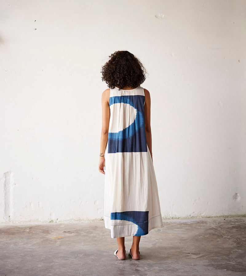 Summer Dress Cotton Pleat-Off White Blue-Fashion Edit Indian Summer-KW837-Khara Kapas - Shop Cult Modern
