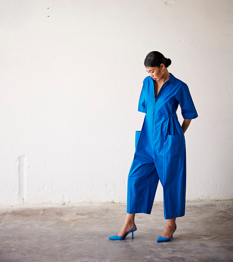 Summer Jumpsuit Poplin-Cobalt Blue-Fashion Edit Indian Summer-KW783-Khara Kapas - Shop Cult Modern