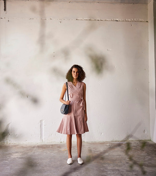 Summer Dress Poplin Tie-up-Crepe Pink-Fashion Edit Indian Summer-KW787-Khara Kapas - Shop Cult Modern